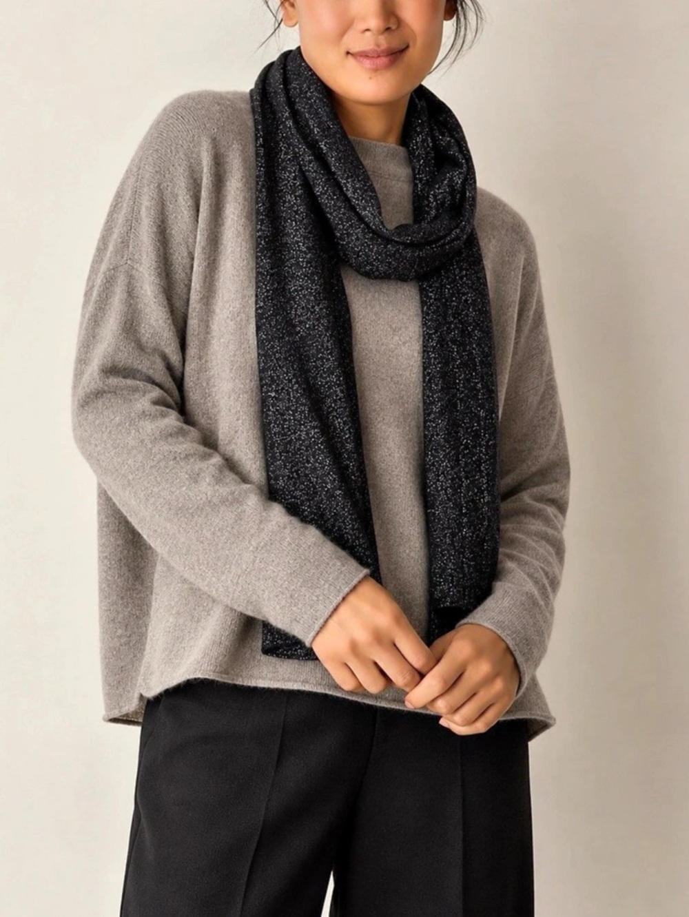 Eileen Fisher Scarf Womens One Size Black Merino Wool Metallic Knit NEW $198